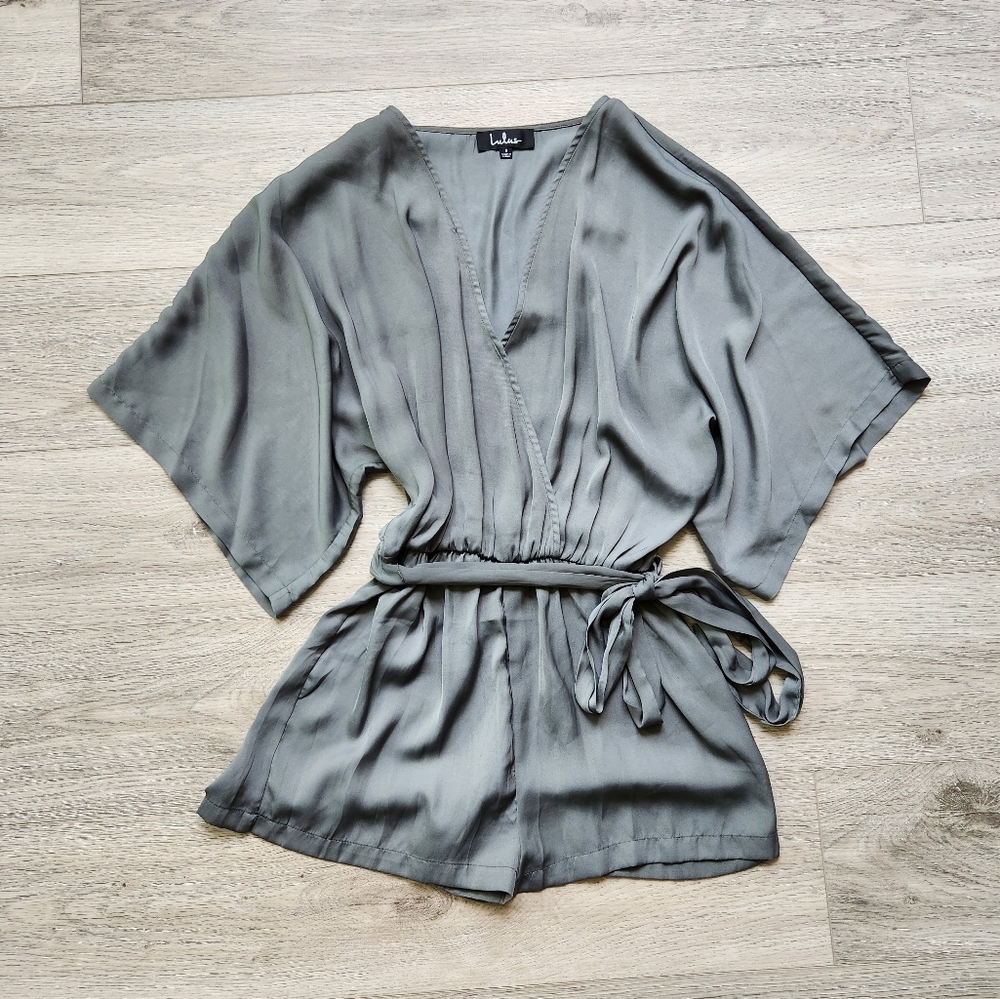 Lulus Ain't It Grand Olive Green Satin Surplice Romper Womens Small Shorts Gray